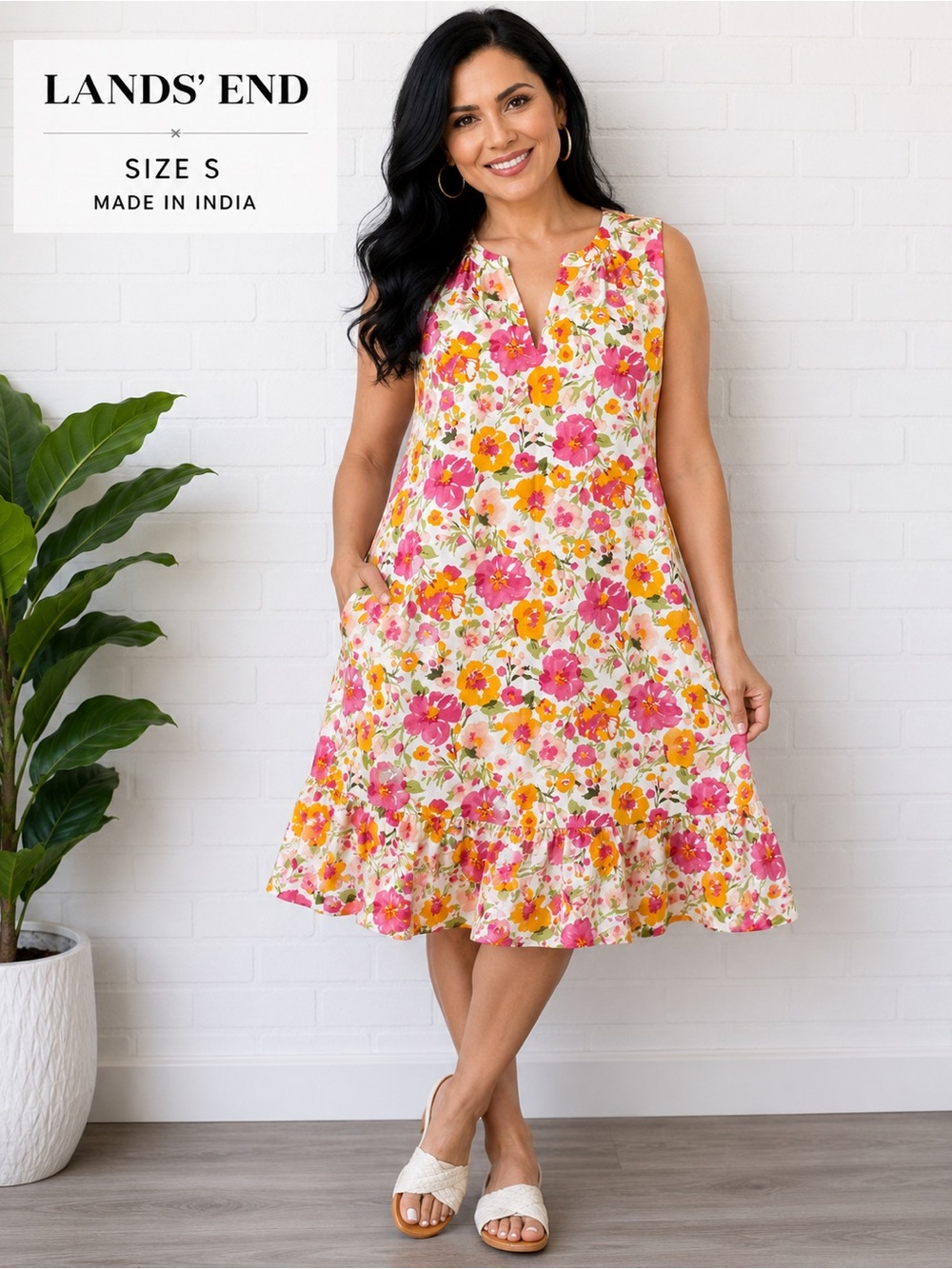 Lands’ End Women’s Small Floral Cotton Sleeveless Dress Pink Yellow Ruffle Hem